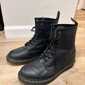 Dr. Martens Black Leather Lace-Up Boots with Yellow Welt Stitching